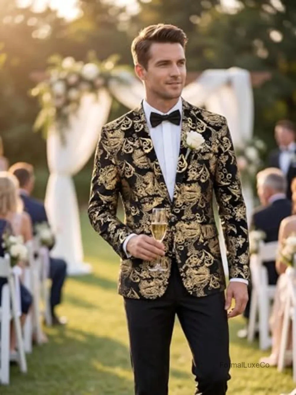 Men's Paisley Blazer Single Button Tuxedo Jacket Notch Lapel Gold Foil Print
